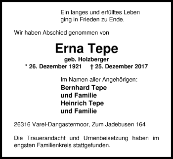 Traueranzeige von Erna Tepe von Nordwest-Zeitung