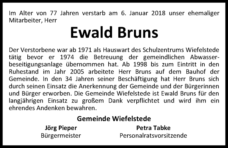  Traueranzeige für Ewald Bruns vom 16.01.2018 aus Nordwest-Zeitung