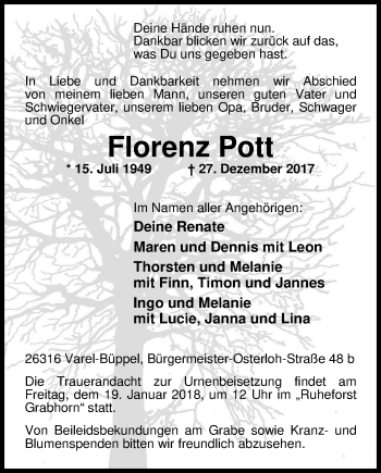 Traueranzeige von Florenz Pott von Nordwest-Zeitung