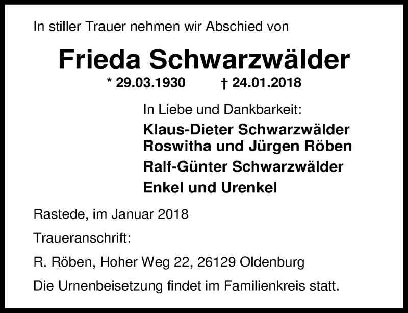 Traueranzeige für Frieda Schwarzwälder vom 27.01.2018 aus Nordwest-Zeitung