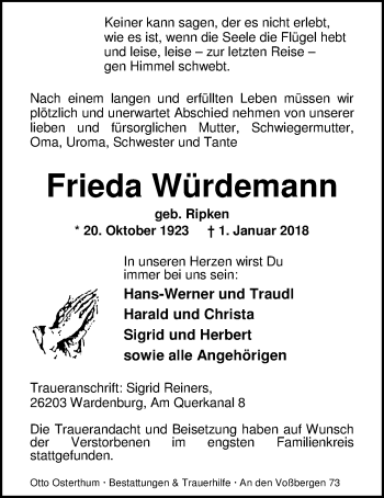 Traueranzeige von Frieda Würdemann von Nordwest-Zeitung