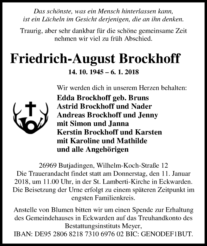  Traueranzeige für Friedrich-August Brockhoff vom 09.01.2018 aus Nordwest-Zeitung