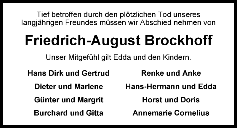  Traueranzeige für Friedrich-August Brockhoff vom 09.01.2018 aus Nordwest-Zeitung