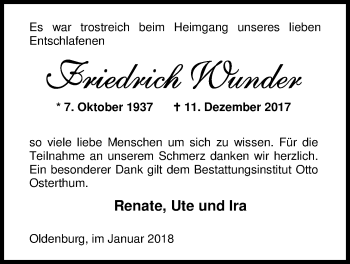 Traueranzeige von Friedrich Wunder von Nordwest-Zeitung