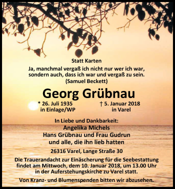 Traueranzeige von Georg Grübnau von Nordwest-Zeitung