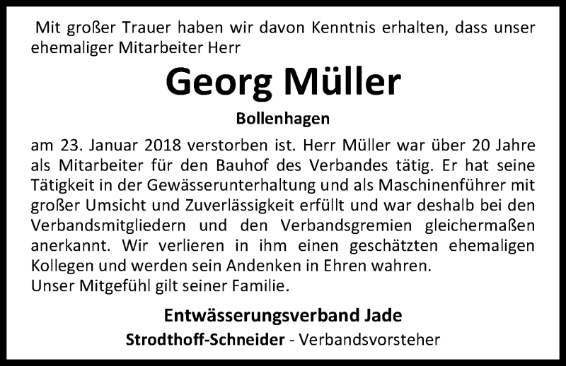  Traueranzeige für Georg Müller vom 26.01.2018 aus Nordwest-Zeitung
