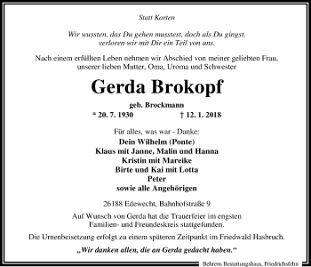 Traueranzeige von Gerda Brokopf von Nordwest-Zeitung