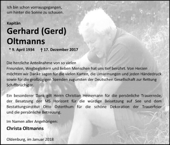 Traueranzeige von Gerhard Oltmanns von Nordwest-Zeitung