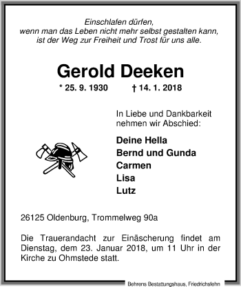 Traueranzeige von Gerold Deeken von Nordwest-Zeitung