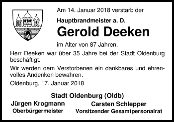 Traueranzeige von Gerold Deeken von Nordwest-Zeitung