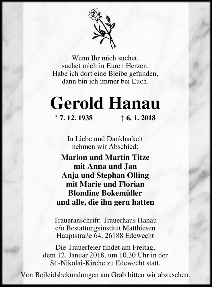  Traueranzeige für Gerold Hanau vom 09.01.2018 aus Nordwest-Zeitung