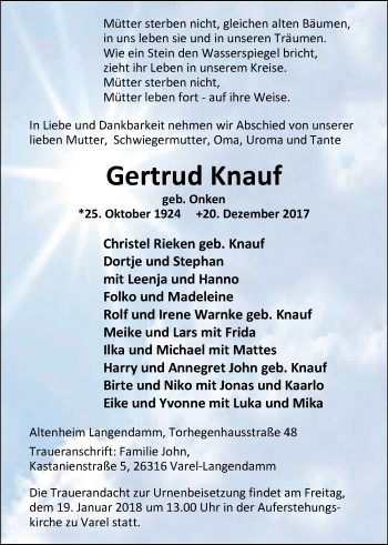 Traueranzeige von Gertrud Knauf von Nordwest-Zeitung