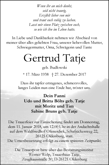 Traueranzeige von Gertrud Tatje von Nordwest-Zeitung