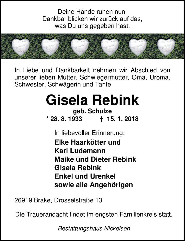  Traueranzeige für Gisela Rebink vom 16.01.2018 aus Nordwest-Zeitung