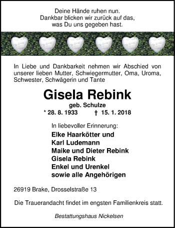 Traueranzeige von Gisela Rebink von Nordwest-Zeitung
