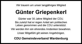 Traueranzeige von Günter Griepenkerl von Nordwest-Zeitung