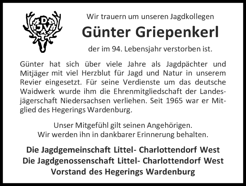  Traueranzeige für Günter Griepenkerl vom 02.01.2018 aus Nordwest-Zeitung