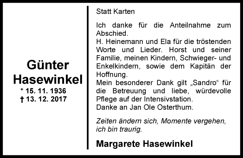  Traueranzeige für Günter Hasewinkel vom 20.01.2018 aus Nordwest-Zeitung