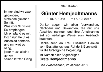 Traueranzeige von Günter Hemjeoltmanns von Nordwest-Zeitung