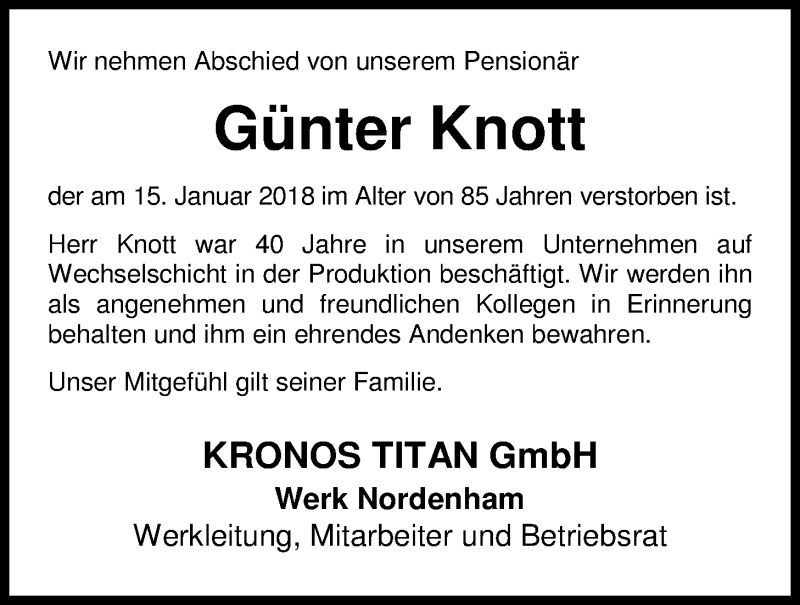  Traueranzeige für Günter Knott vom 24.01.2018 aus Nordwest-Zeitung