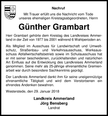 Traueranzeige von Günther Grambart von Nordwest-Zeitung