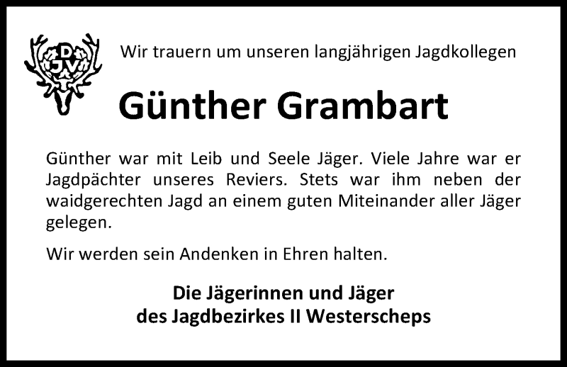  Traueranzeige für Günther Grambart vom 27.01.2018 aus Nordwest-Zeitung