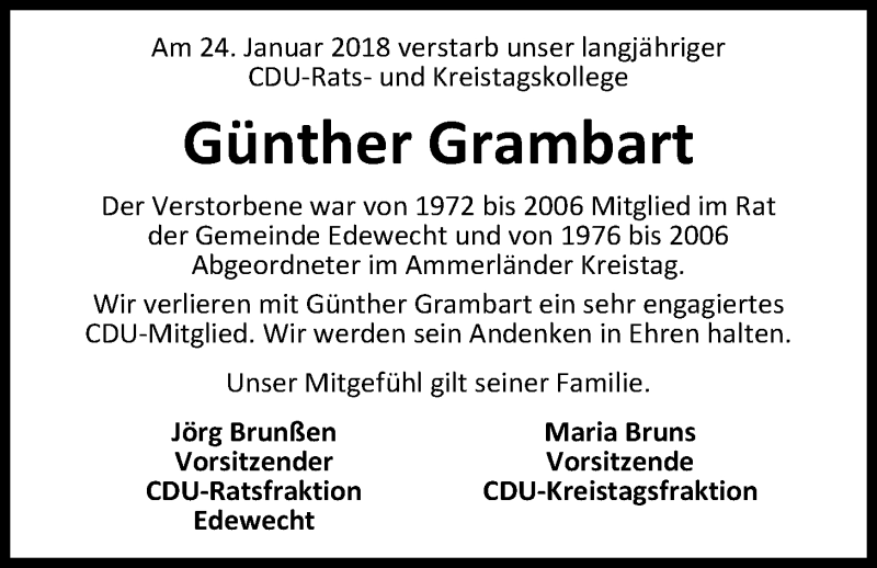  Traueranzeige für Günther Grambart vom 30.01.2018 aus Nordwest-Zeitung