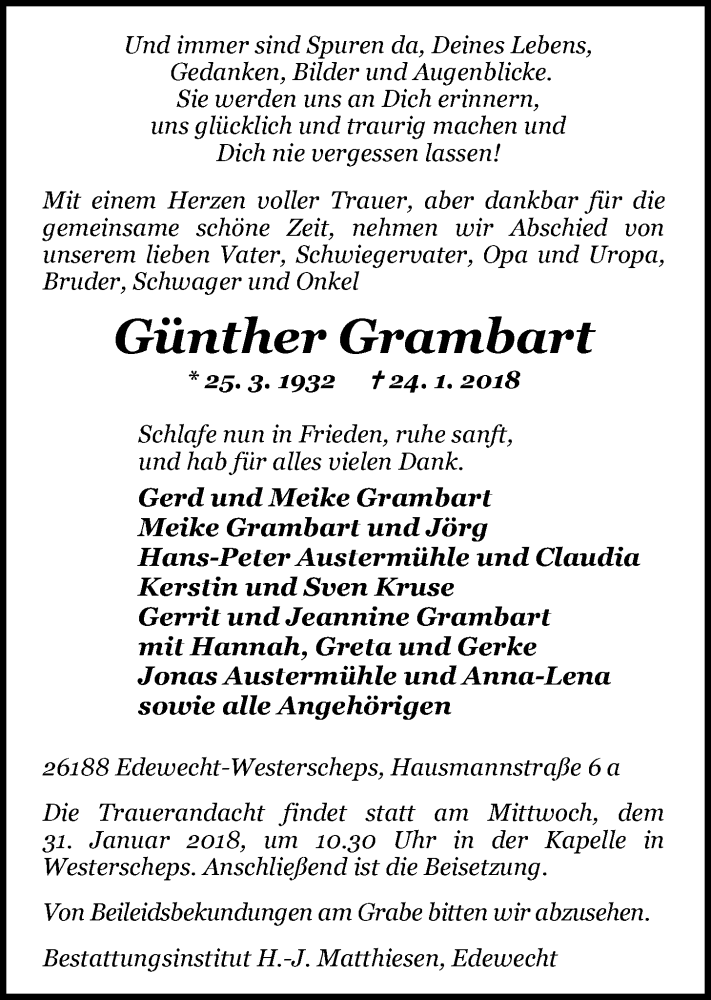  Traueranzeige für Günther Grambart vom 27.01.2018 aus Nordwest-Zeitung