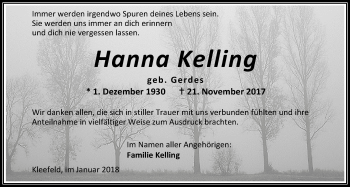 Traueranzeige von Hanna Kelling von Nordwest-Zeitung