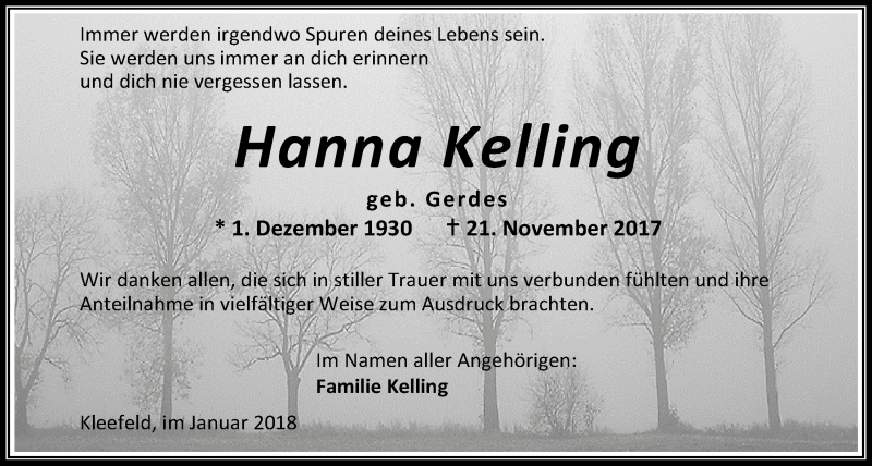  Traueranzeige für Hanna Kelling vom 06.01.2018 aus Nordwest-Zeitung