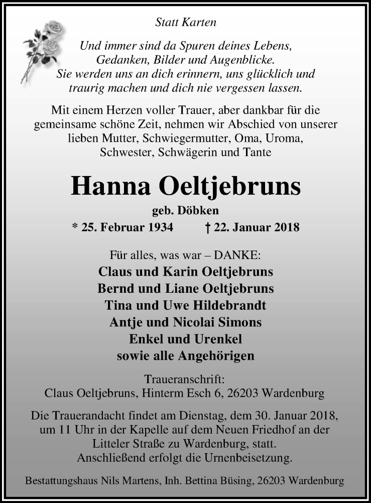  Traueranzeige für Hanna Oeltjebruns vom 25.01.2018 aus Nordwest-Zeitung