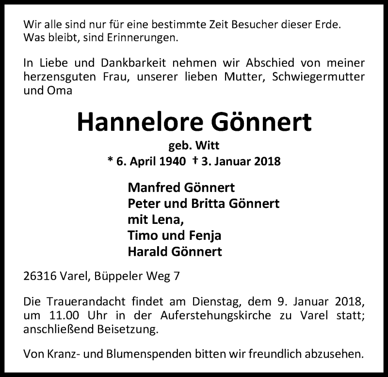  Traueranzeige für Hannelore Gönnert vom 06.01.2018 aus Nordwest-Zeitung