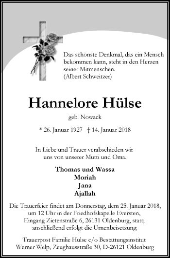 Traueranzeige von Hannelore Hülse von Nordwest-Zeitung