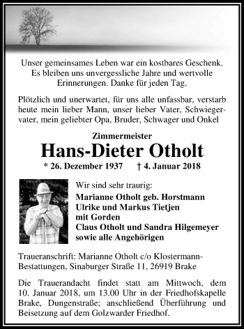 Traueranzeige von Hans-Dieter Otholt von Nordwest-Zeitung