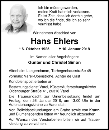 Traueranzeige von Hans Ehlers von Nordwest-Zeitung