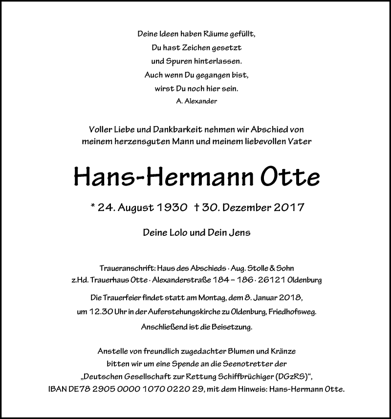  Traueranzeige für Hans-Hermann Otte vom 05.01.2018 aus Nordwest-Zeitung