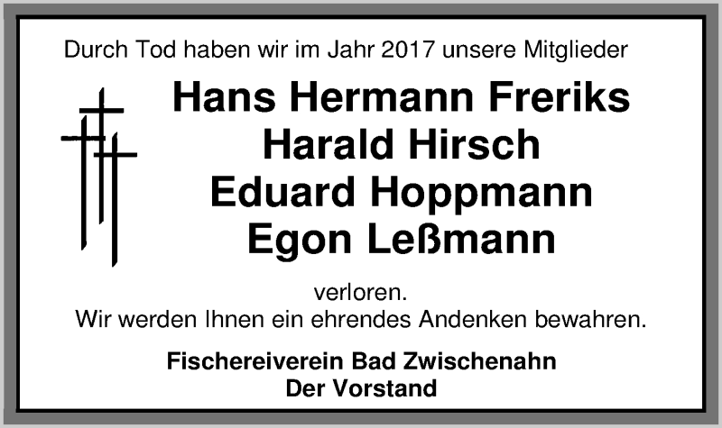 Traueranzeige für Hans-Hermann Freriks vom 13.01.2018 aus Nordwest-Zeitung