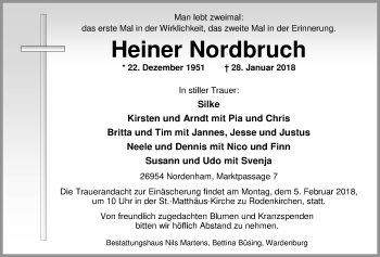 Traueranzeige von Heiner Nordbruch von Nordwest-Zeitung