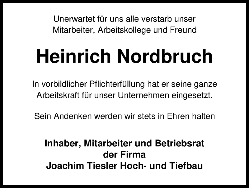  Traueranzeige für Heiner Nordbruch vom 31.01.2018 aus Nordwest-Zeitung