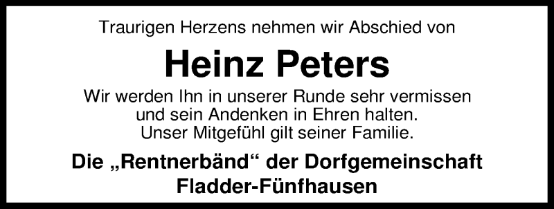  Traueranzeige für Heinz Peters vom 20.01.2018 aus Nordwest-Zeitung