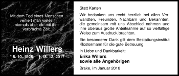 Traueranzeige von Heinz Willers von Nordwest-Zeitung
