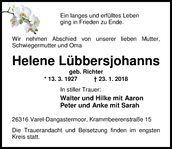 Traueranzeige von Helene Lübbersjohanns von Nordwest-Zeitung