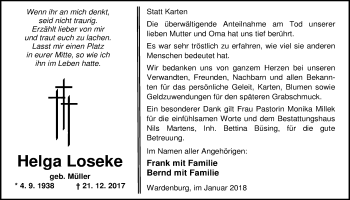 Traueranzeige von Helga Loseke von Nordwest-Zeitung