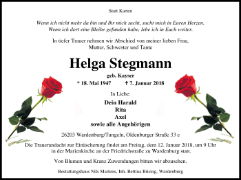 Traueranzeige von Helga Stegmann von Nordwest-Zeitung