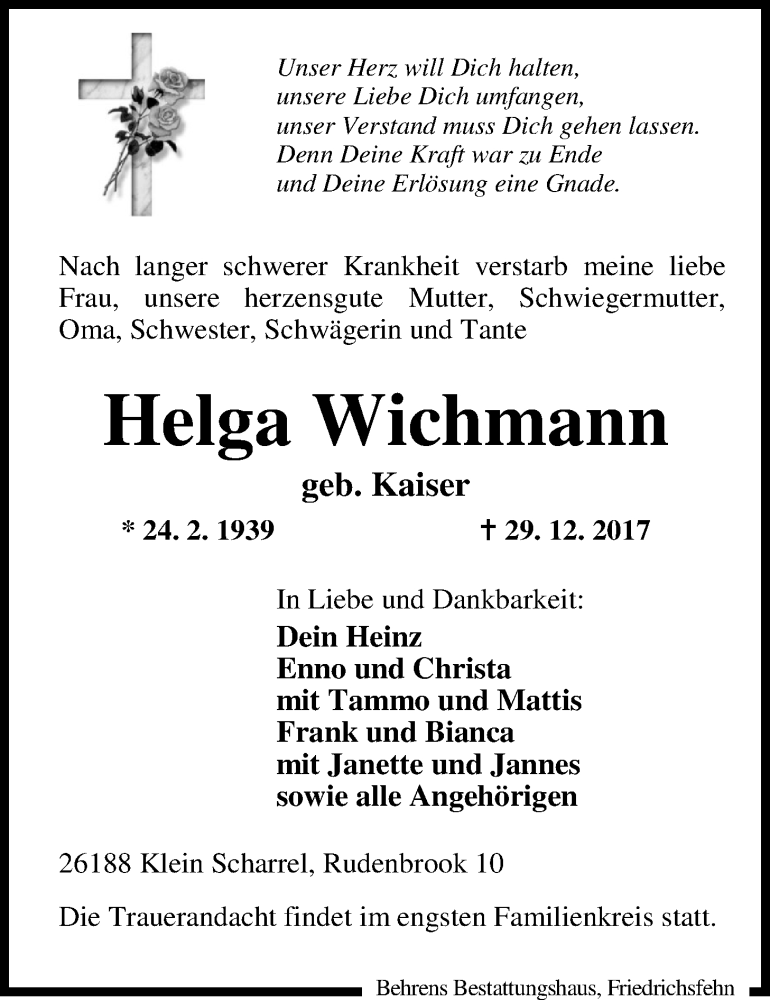  Traueranzeige für Helga Wichmann vom 04.01.2018 aus Nordwest-Zeitung