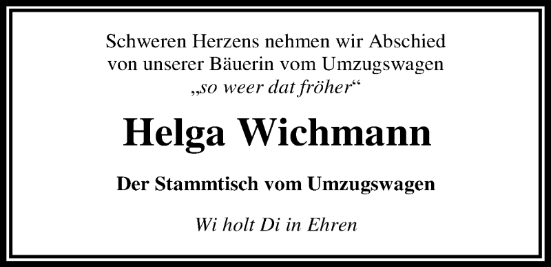  Traueranzeige für Helga Wichmann vom 04.01.2018 aus Nordwest-Zeitung