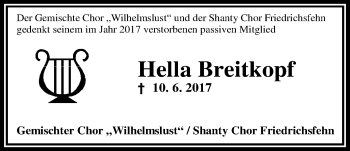 Traueranzeige von Hella Breitkopf von Nordwest-Zeitung
