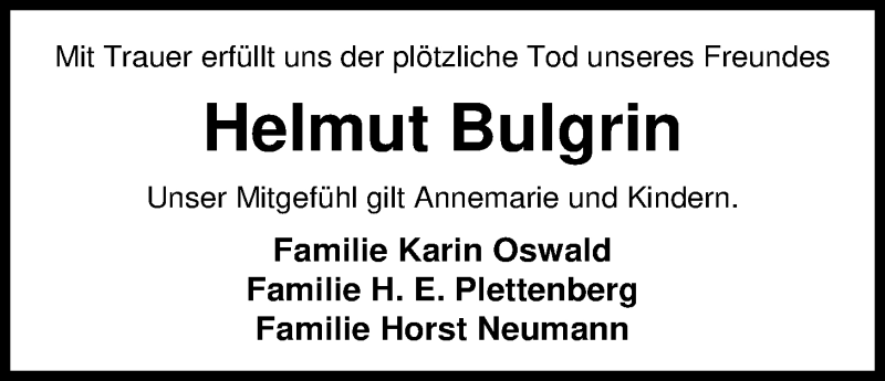  Traueranzeige für Helmut Bulgrin vom 05.01.2018 aus Nordwest-Zeitung