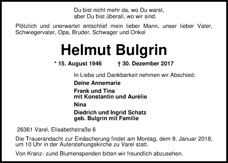  Traueranzeige für Helmut Bulgrin vom 05.01.2018 aus Nordwest-Zeitung