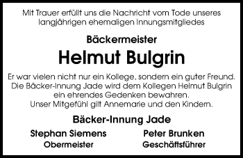 Traueranzeige von Helmut Bulgrin von Nordwest-Zeitung